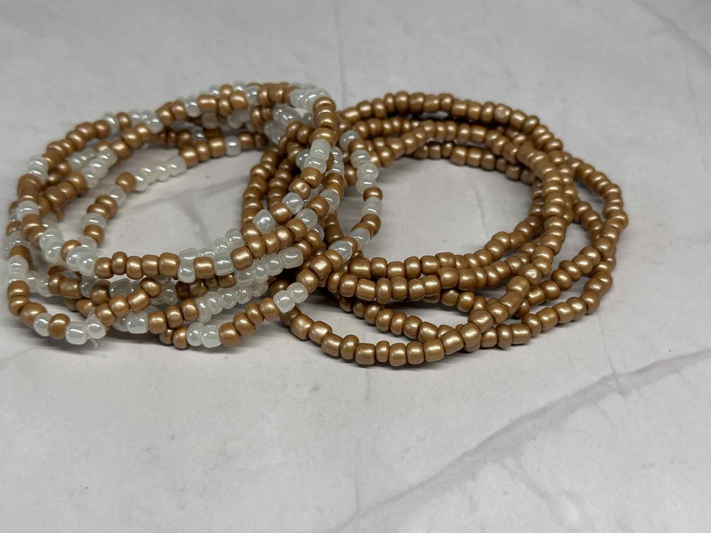 Single Strand White & Khaki Seed Bead Bracelet