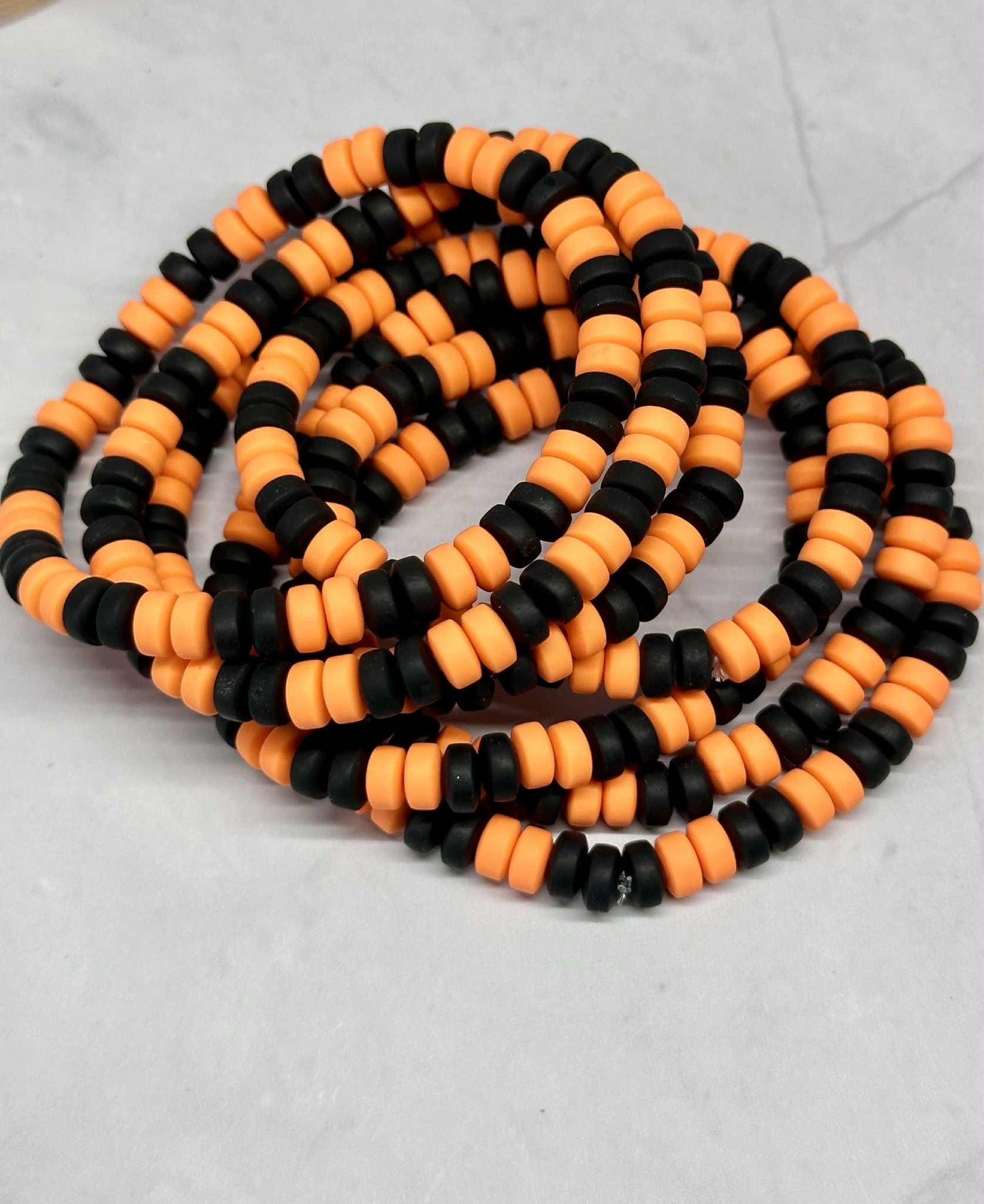 Single Strand Orange & Black Clay Bead Stretch Bracelet, halloween bracelet