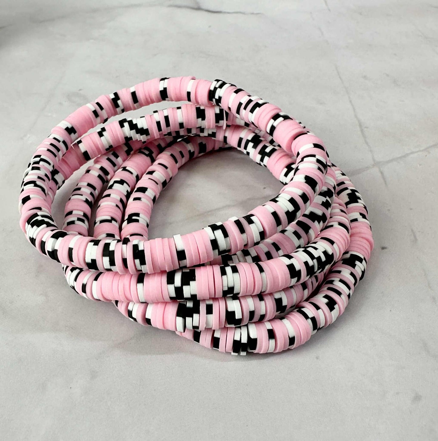 Single Strand Pink with Black & White Checkered Clay Stretch Bracelet