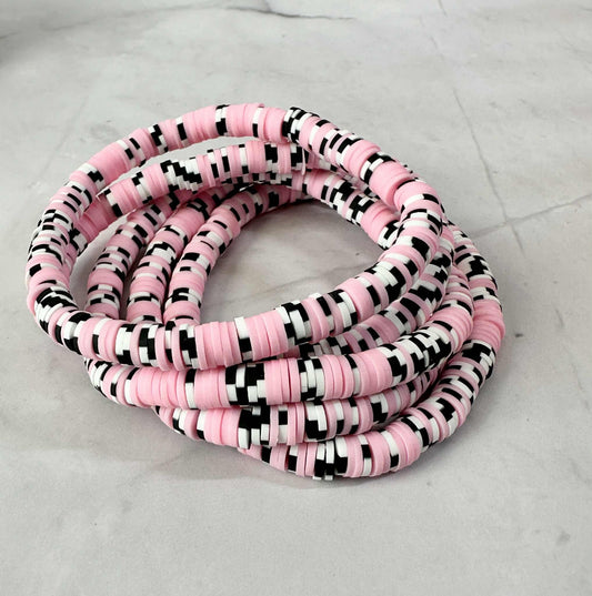Single Strand Pink with Black & White Checkered Clay Stretch Bracelet