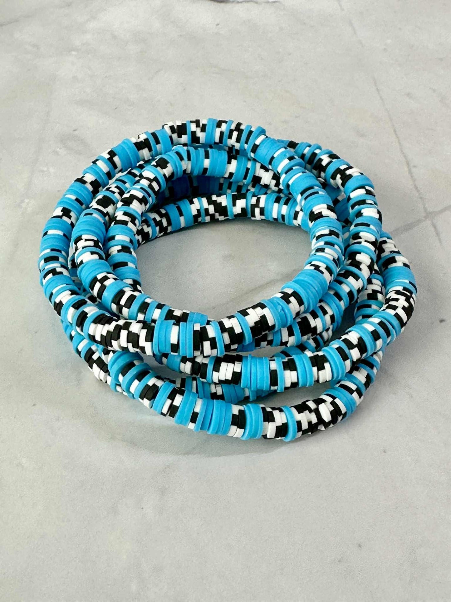 Single Strand Blue with Black & White Checkered Clay Stretch Bracelet