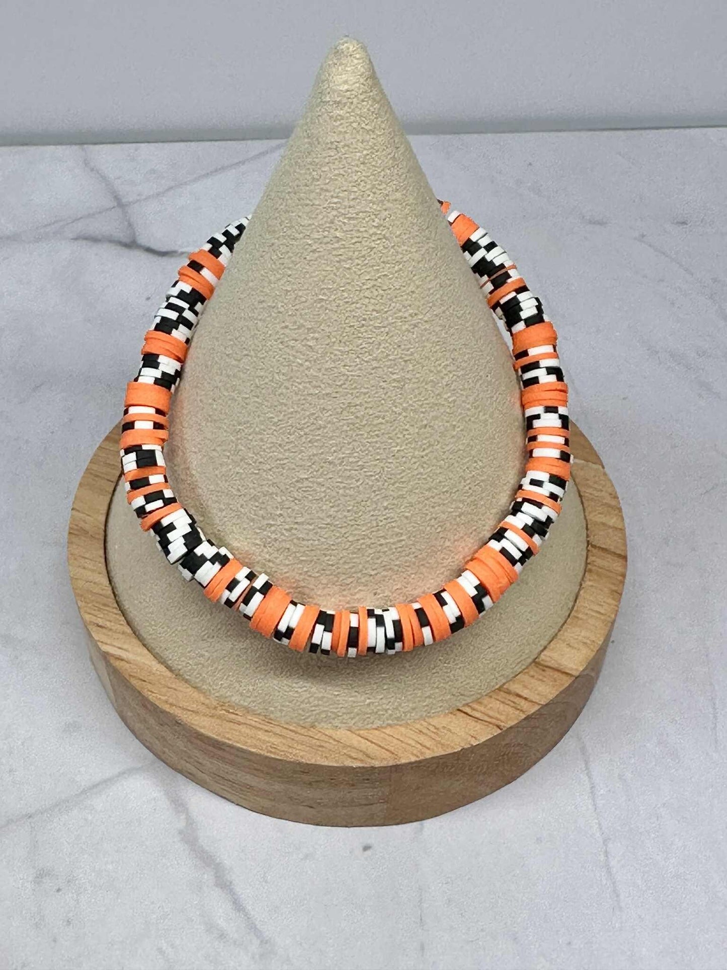 Single Strand Orange & Black Clay Bead Stretch Bracelet