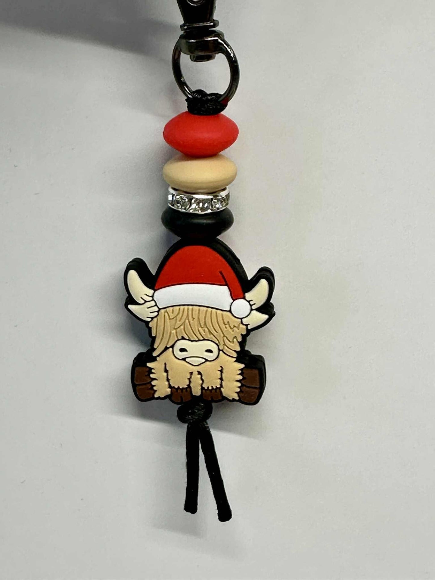 Christmas Highland Cow Keychain, Silicone Bead Keychain, Zipper Pull