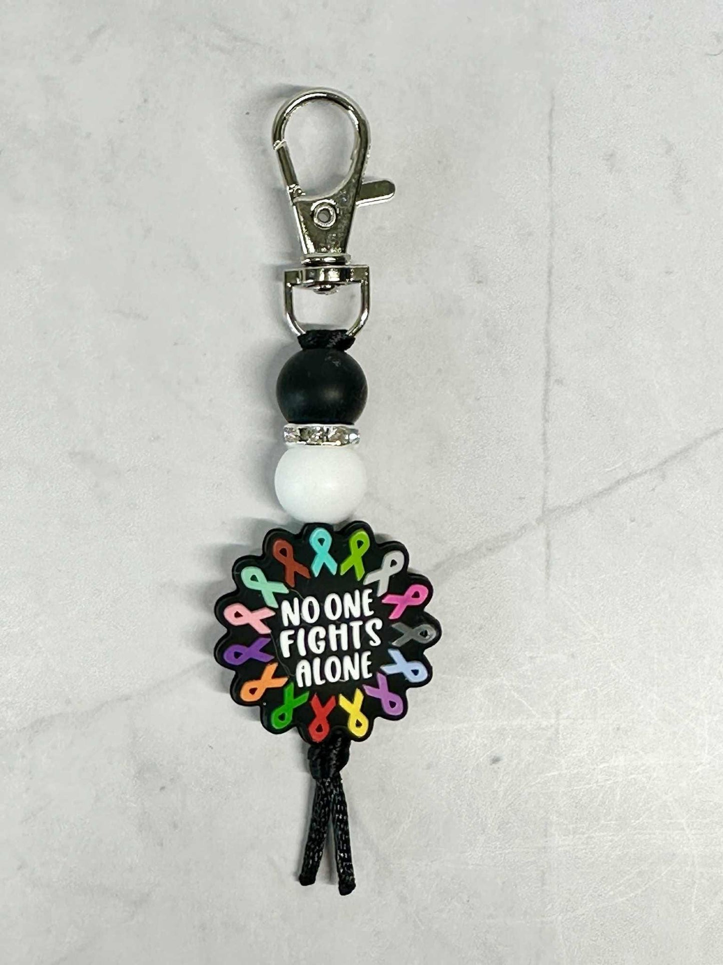 No One Fights Alone Cancer Keychain, Silicone Bead Keychain, Zipper Pull
