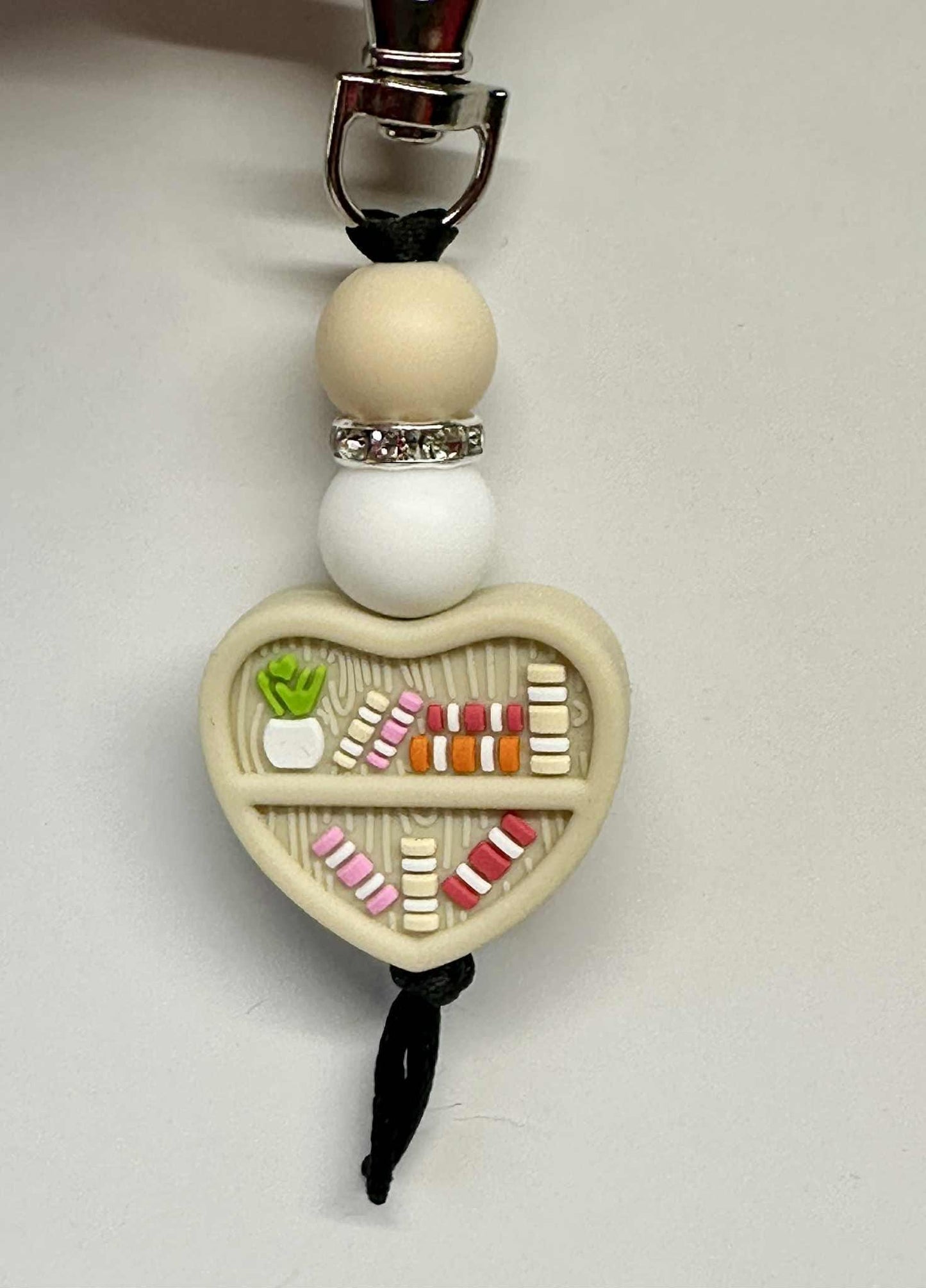 Cream Heart Bookshelf Keychain, Silicone Bead Keychain, Zipper Pull
