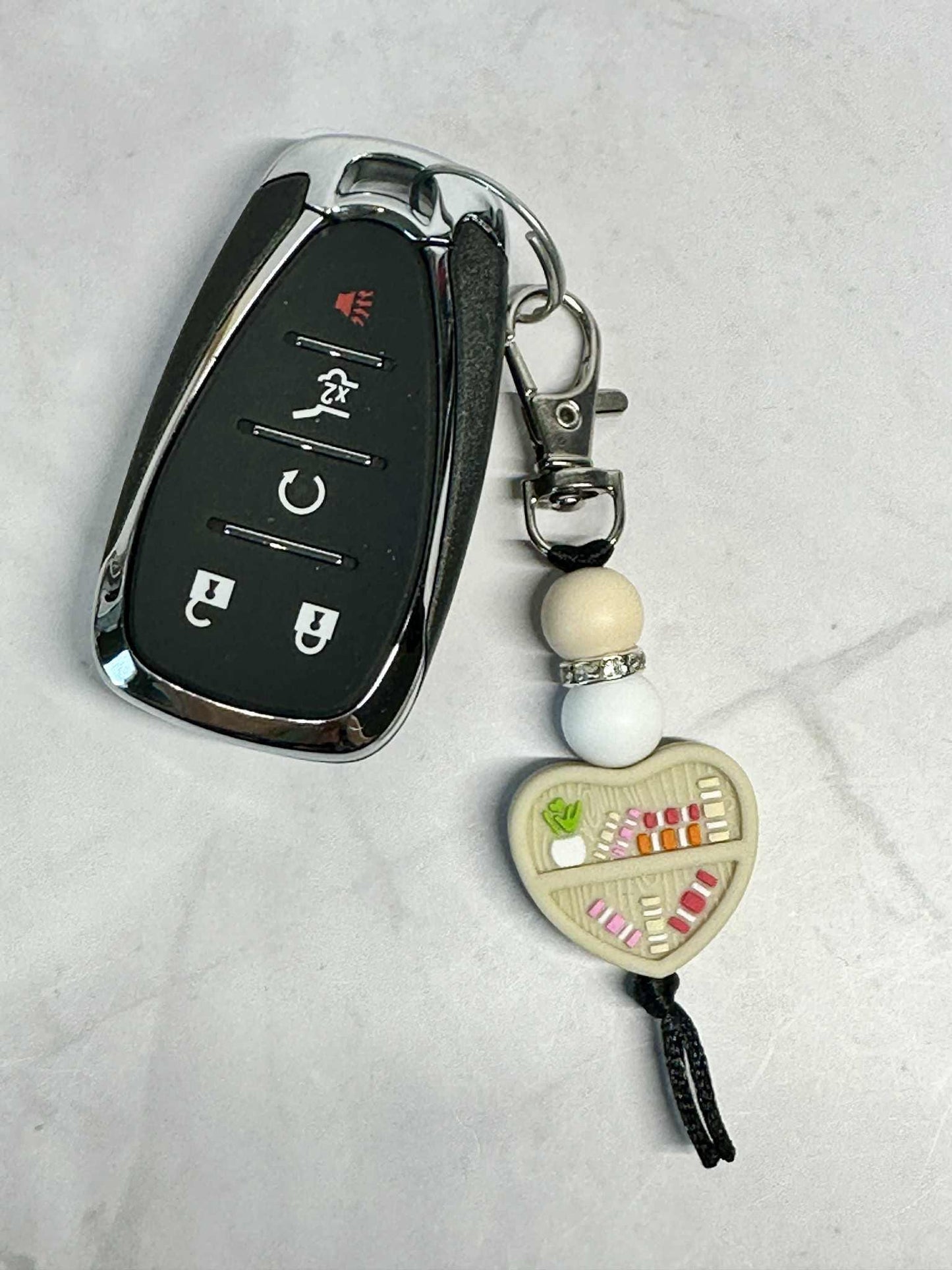 Cream Heart Bookshelf Keychain, Silicone Bead Keychain, Zipper Pull