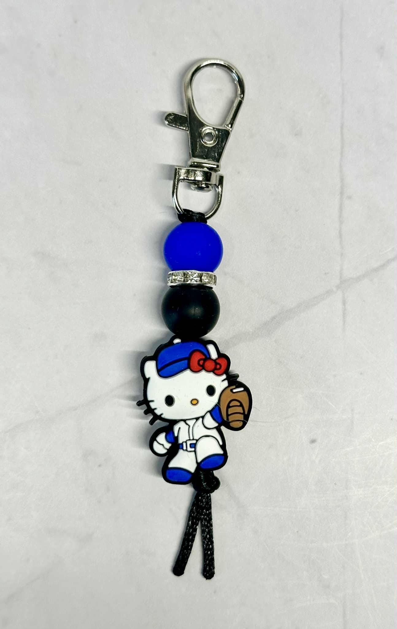 Baseball Kitty Keychain, Silicone Bead Keychain, Zipper Pull