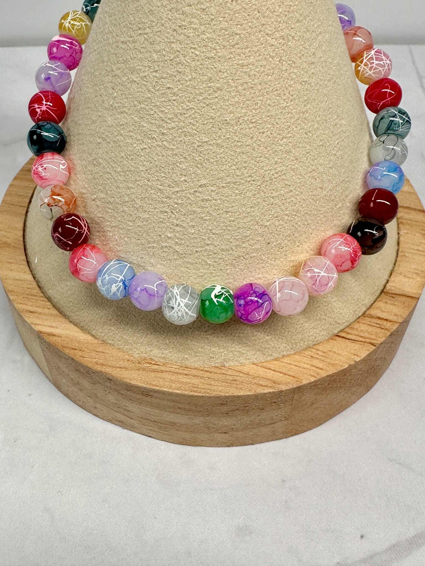 Single Strand Multi Color Crackle Glass Beaded Stretch Bracelet