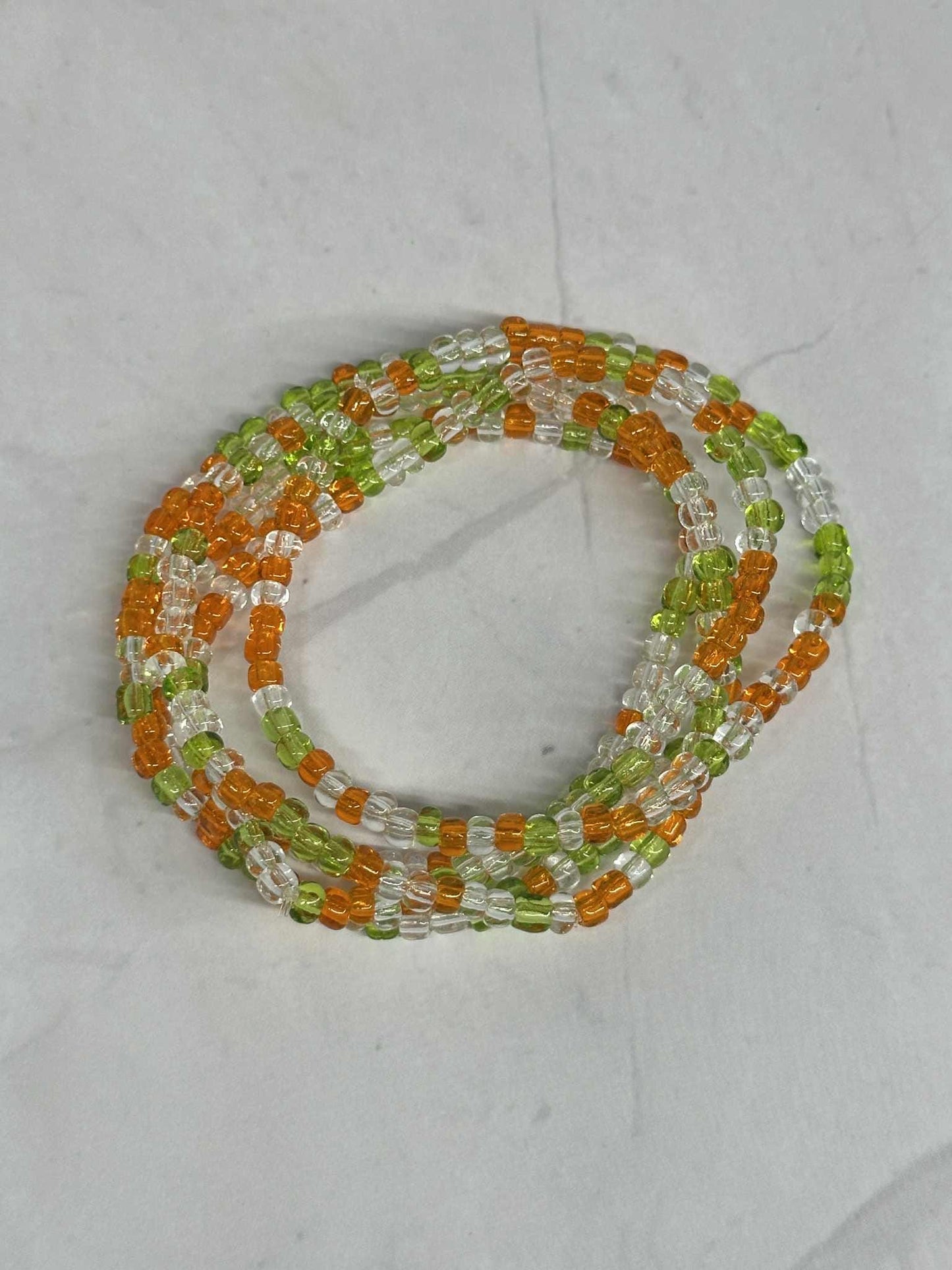 Single Strand Green, Orange, Translucent Glass Seed Bead Bracelet