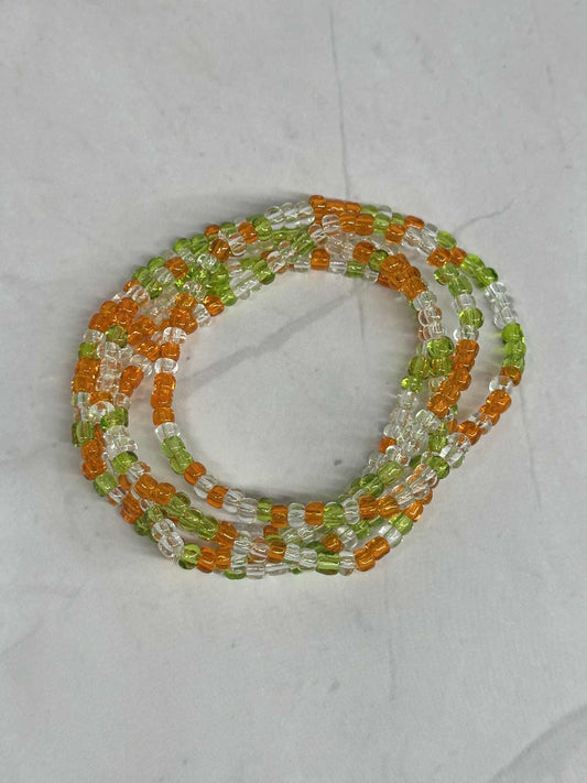 Single Strand Green, Orange, Translucent Glass Seed Bead Bracelet