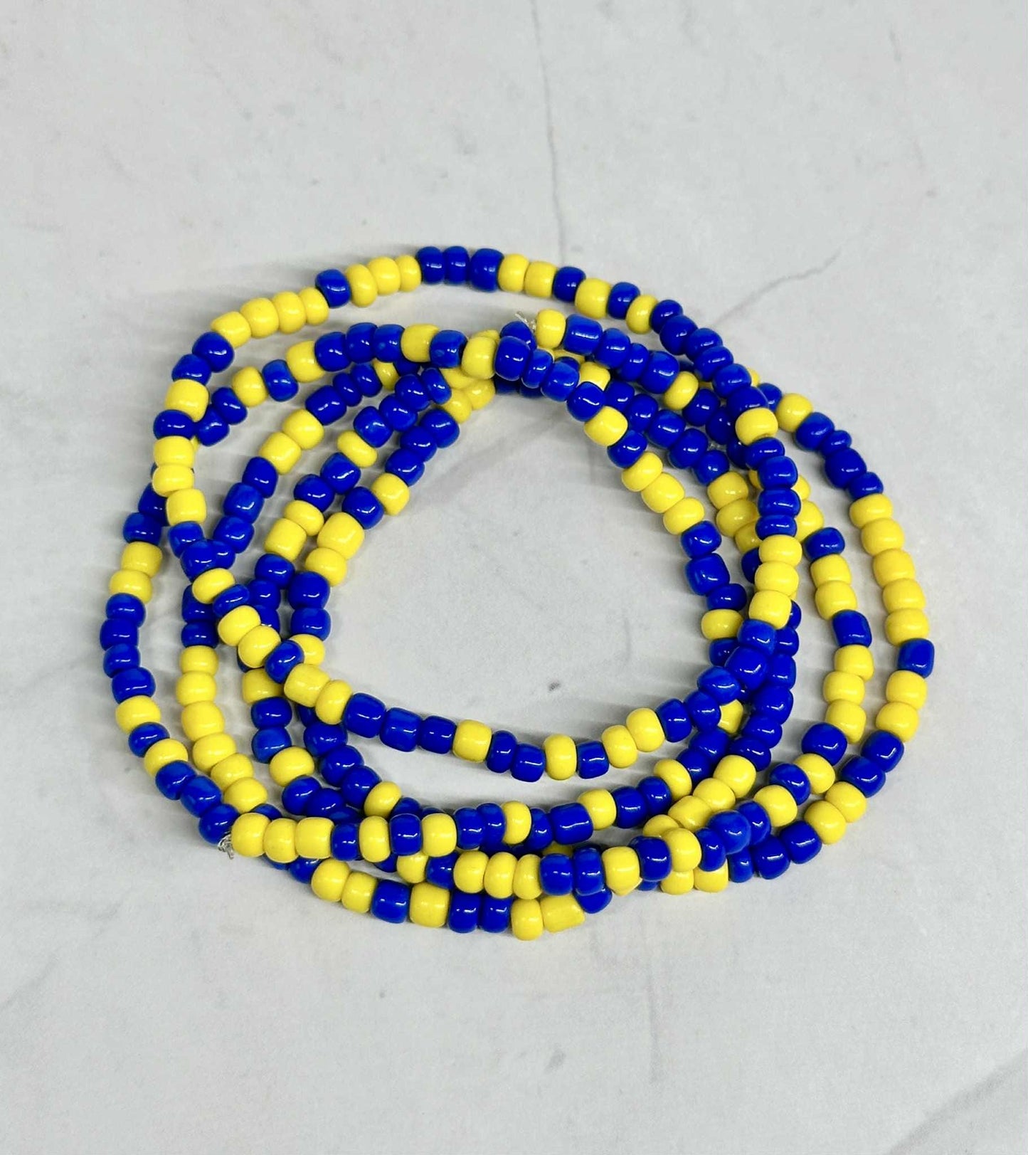 Single Strand Royal Blue and Yellow Seed Bead Stretch Bracelet