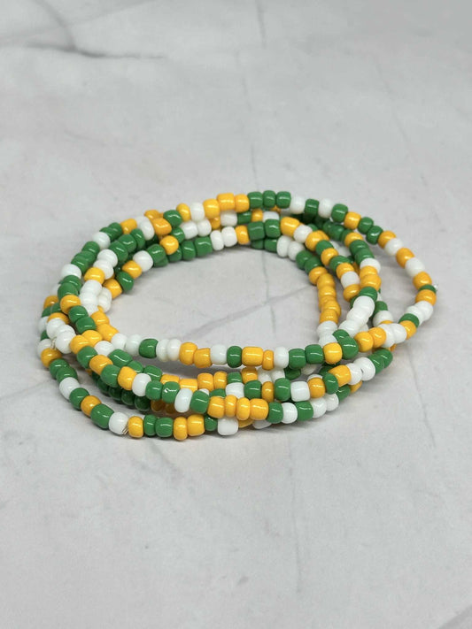 Single Strand Green, White, and Yellow Seed Bead Stretch Bracelet