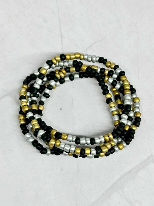 Single Strand Silver, Black, and Gold Seed Bead Stretch Bracelet