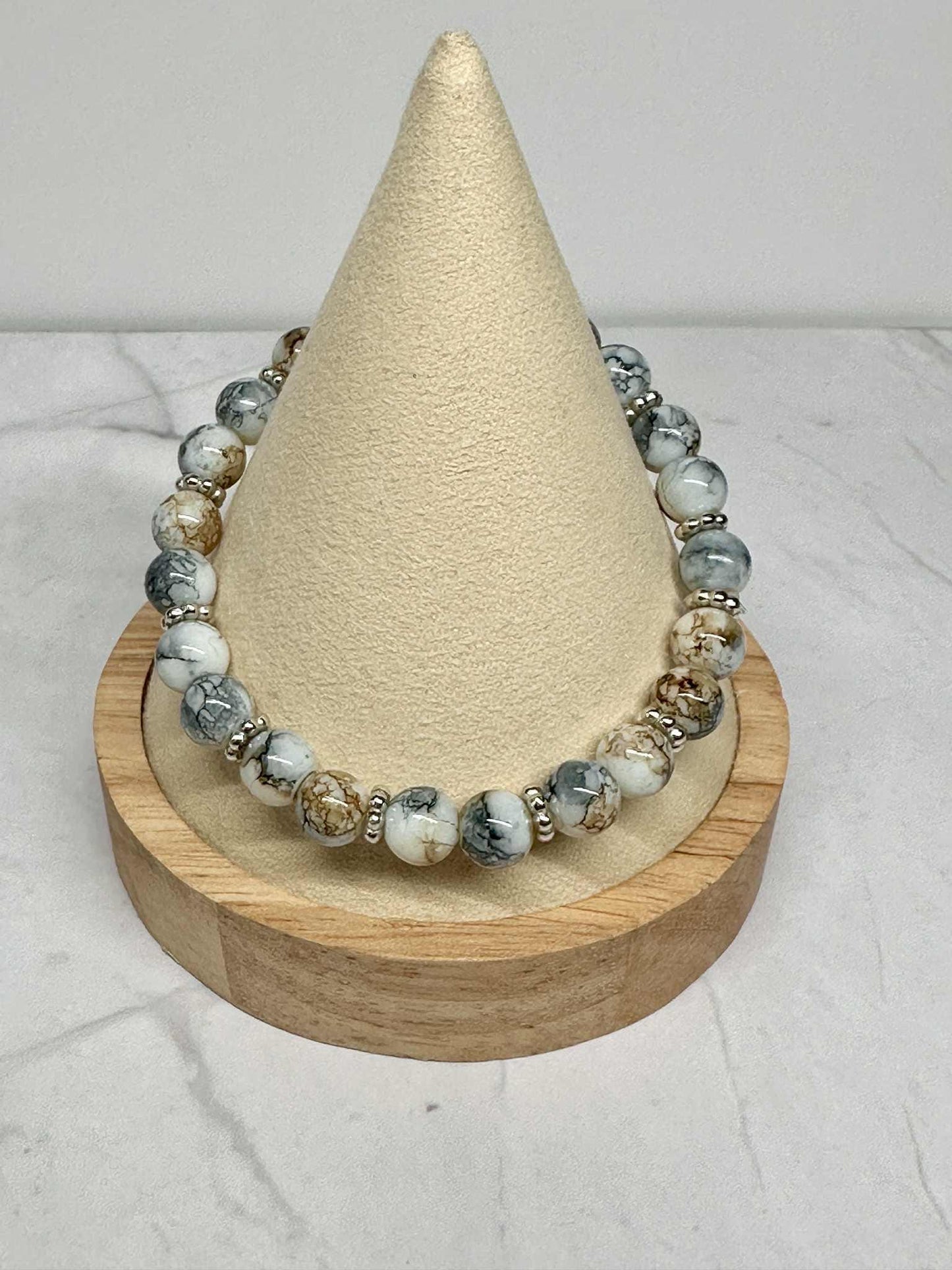 Brown and Gray Marble Glass Beaded Stretch Bracelet