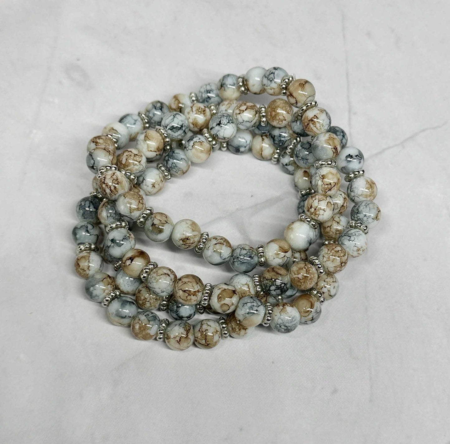 Brown and Gray Marble Glass Beaded Stretch Bracelet