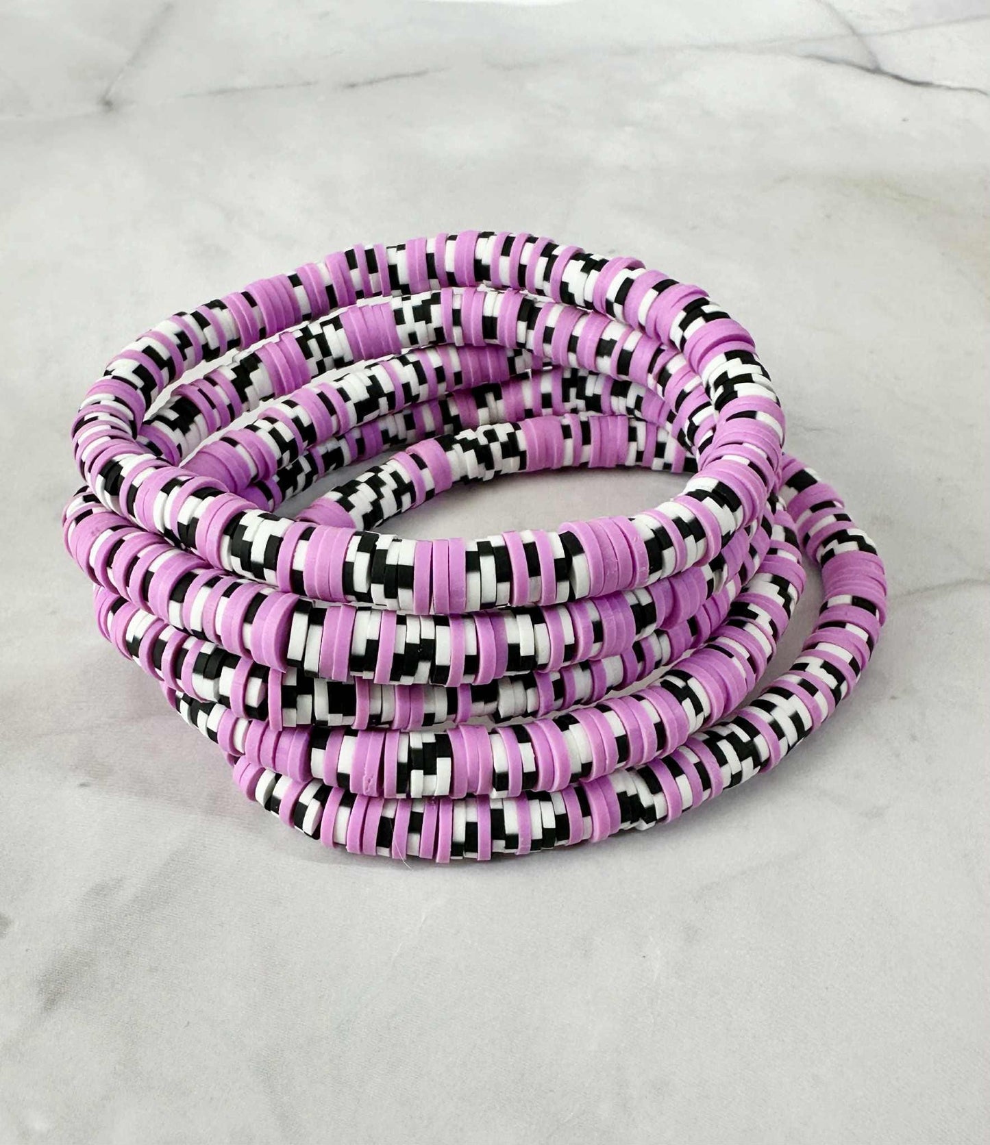 Single Strand Lavender Black & White Checkered Clay Stretch Bracelet
