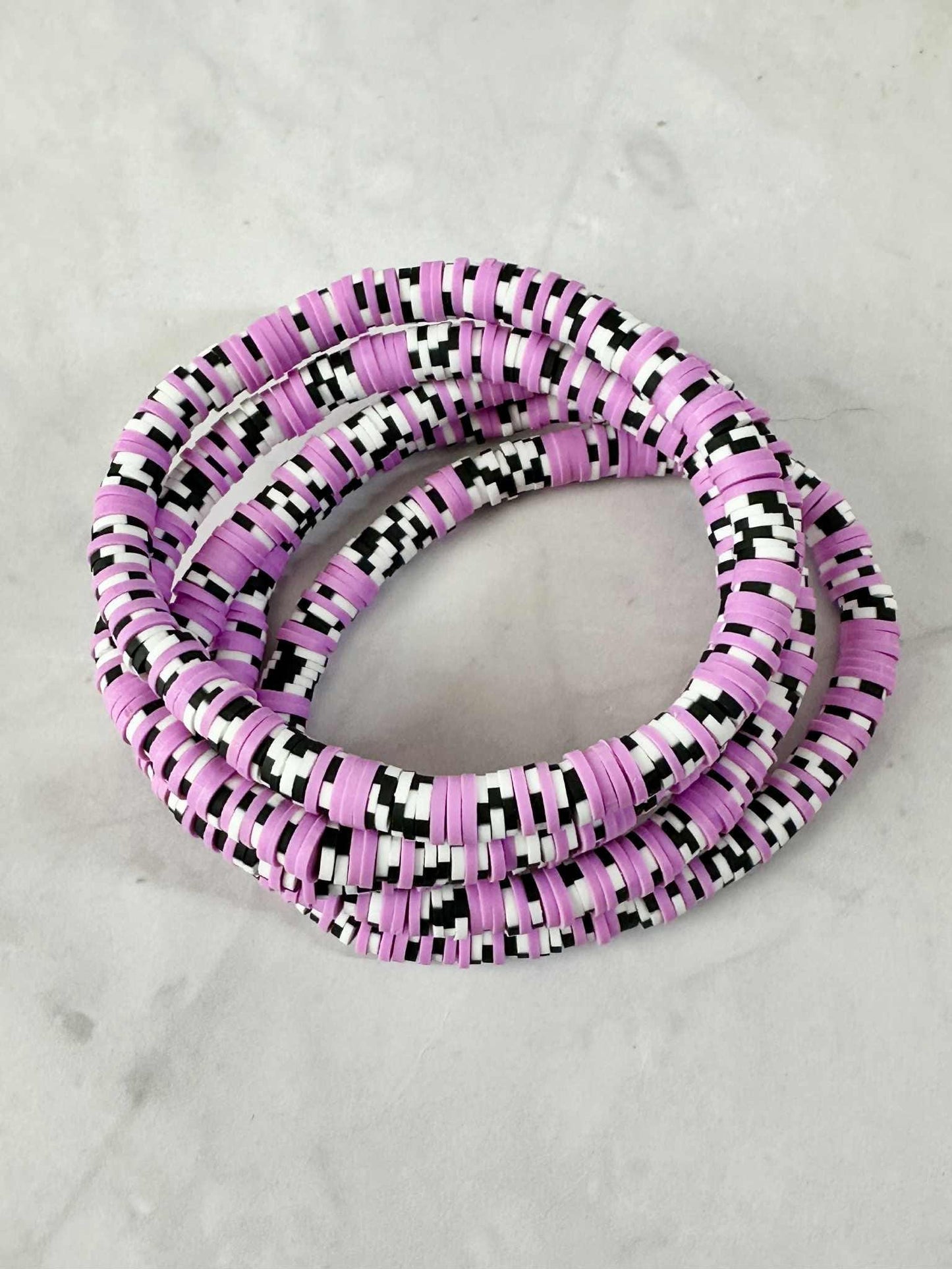 Single Strand Lavender Black & White Checkered Clay Stretch Bracelet