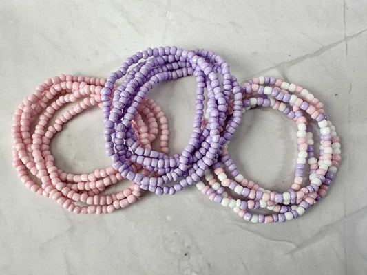 Single Strand Purple, Pink, White Seed Bead Stretch Bracelet