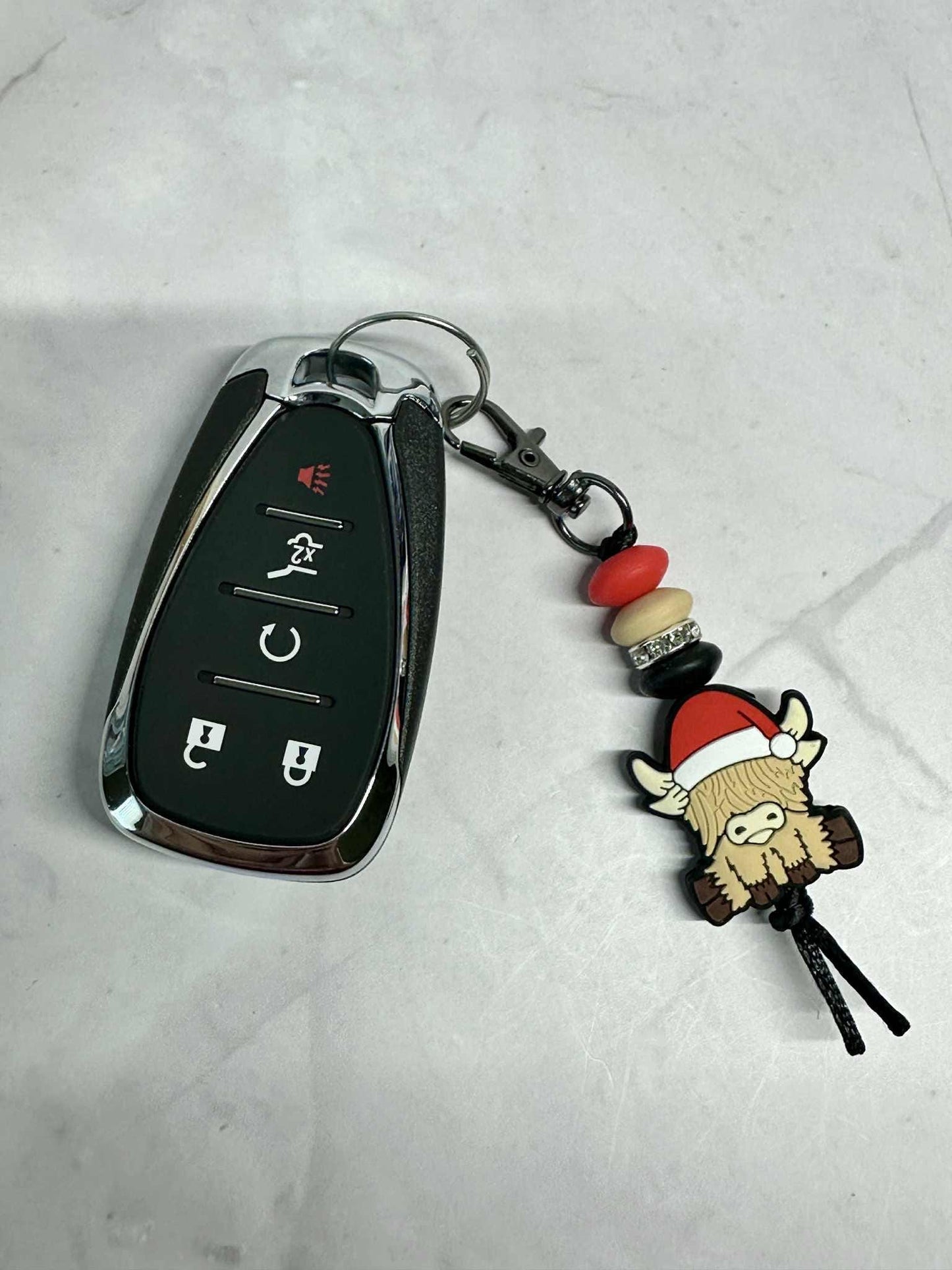 Christmas Highland Cow Keychain, Silicone Bead Keychain, Zipper Pull