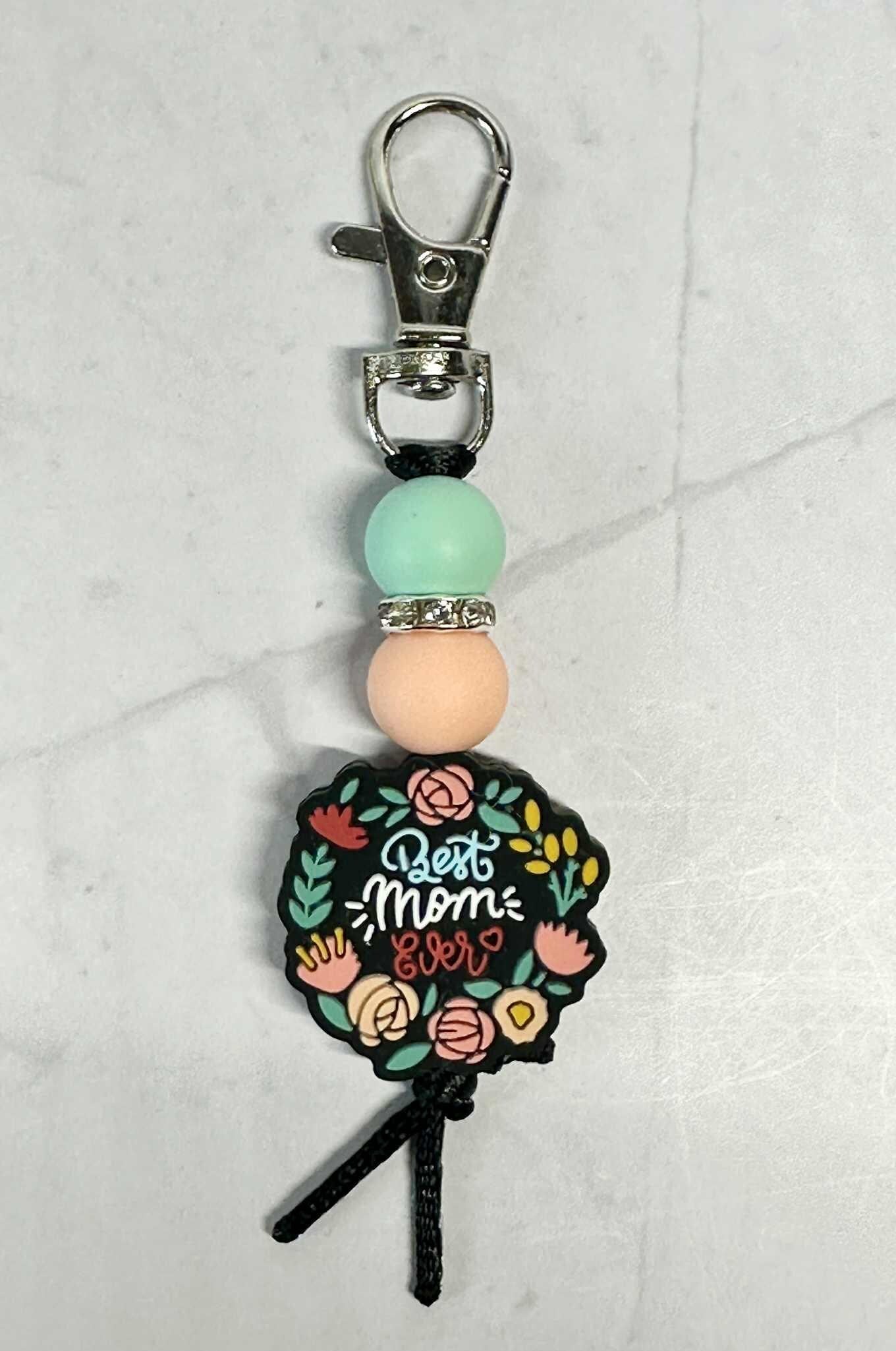 Best Mom Ever Flower Keychain, Silicone Bead Keychain, Zipper Pull