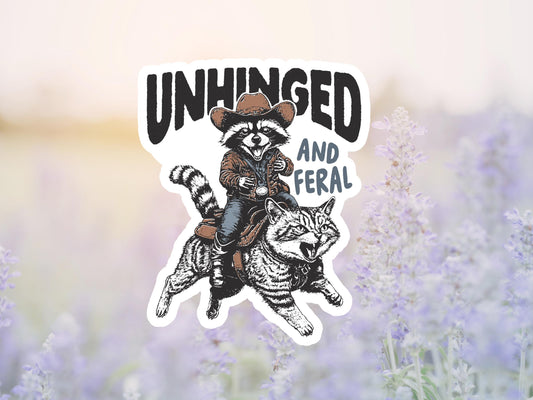 Unhinged and Feral Raccoon Riding Cat Sticker