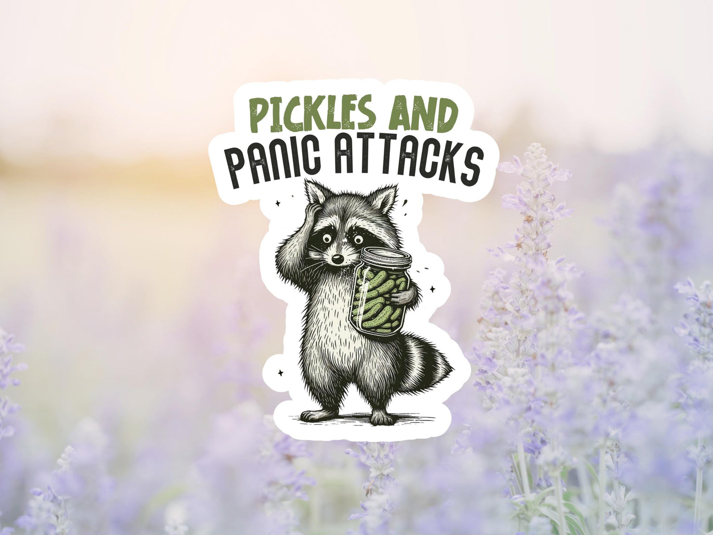Pickles & Panic Attacks Raccoon Sticker, Funny Raccoon