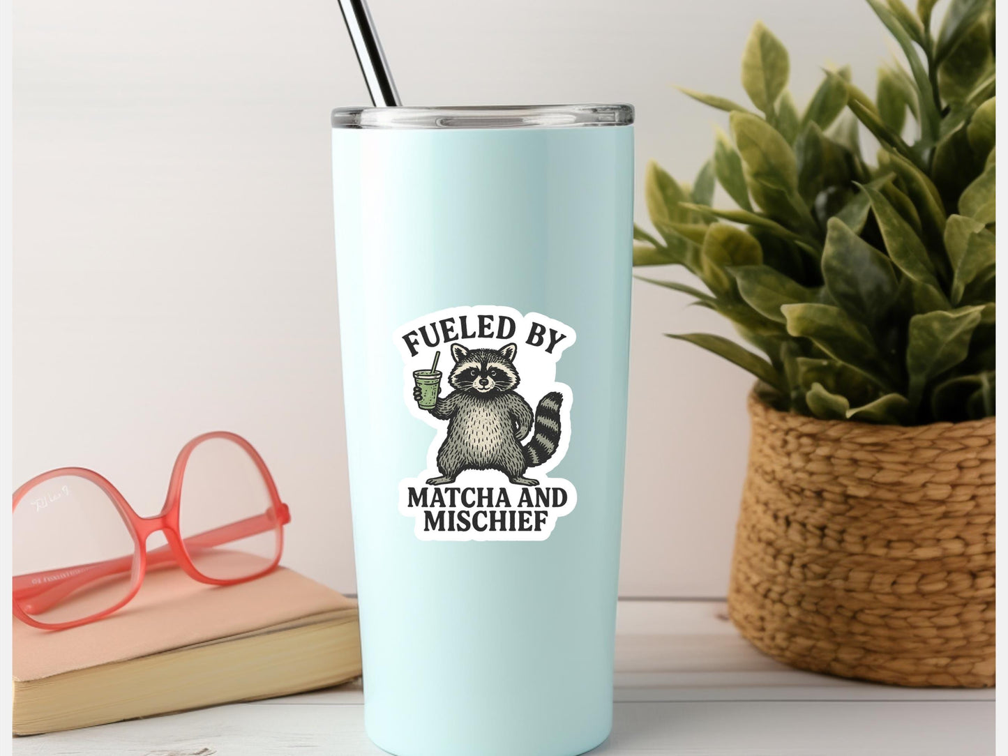 Fueled By Matcha and Mischief Raccoon Sticker