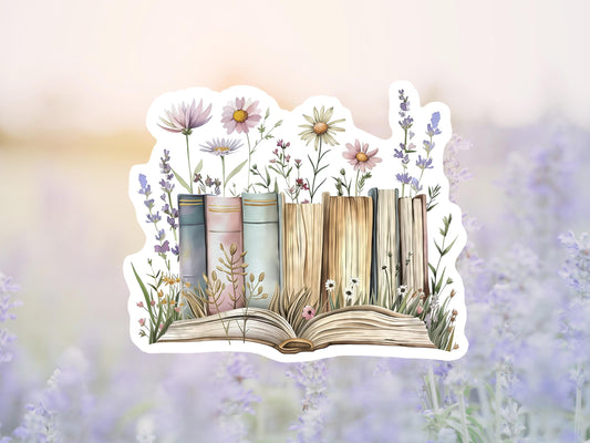 Vintage Pastel Book Stack with Flowers Sticker