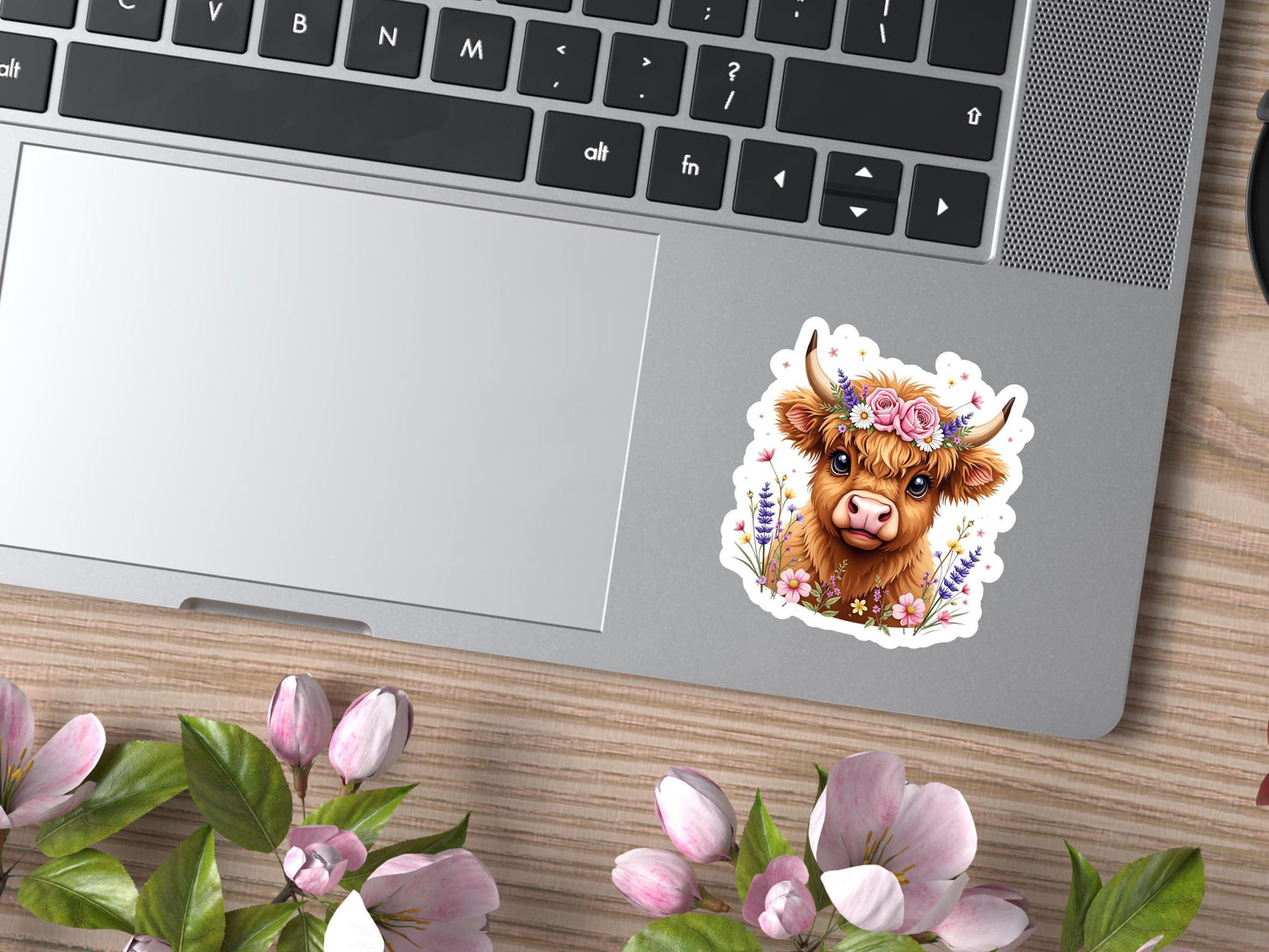 Highland Cow With Pink and Purple Flowers Sticker