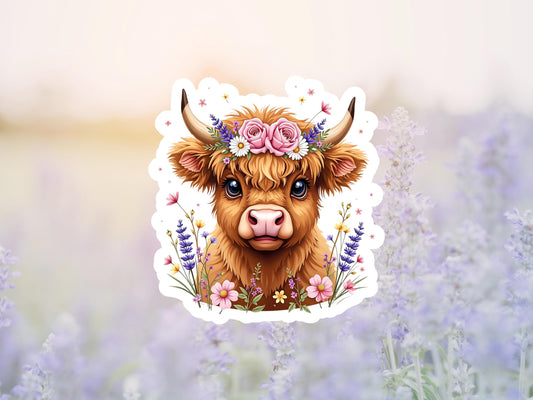 Highland Cow With Pink and Purple Flowers Sticker