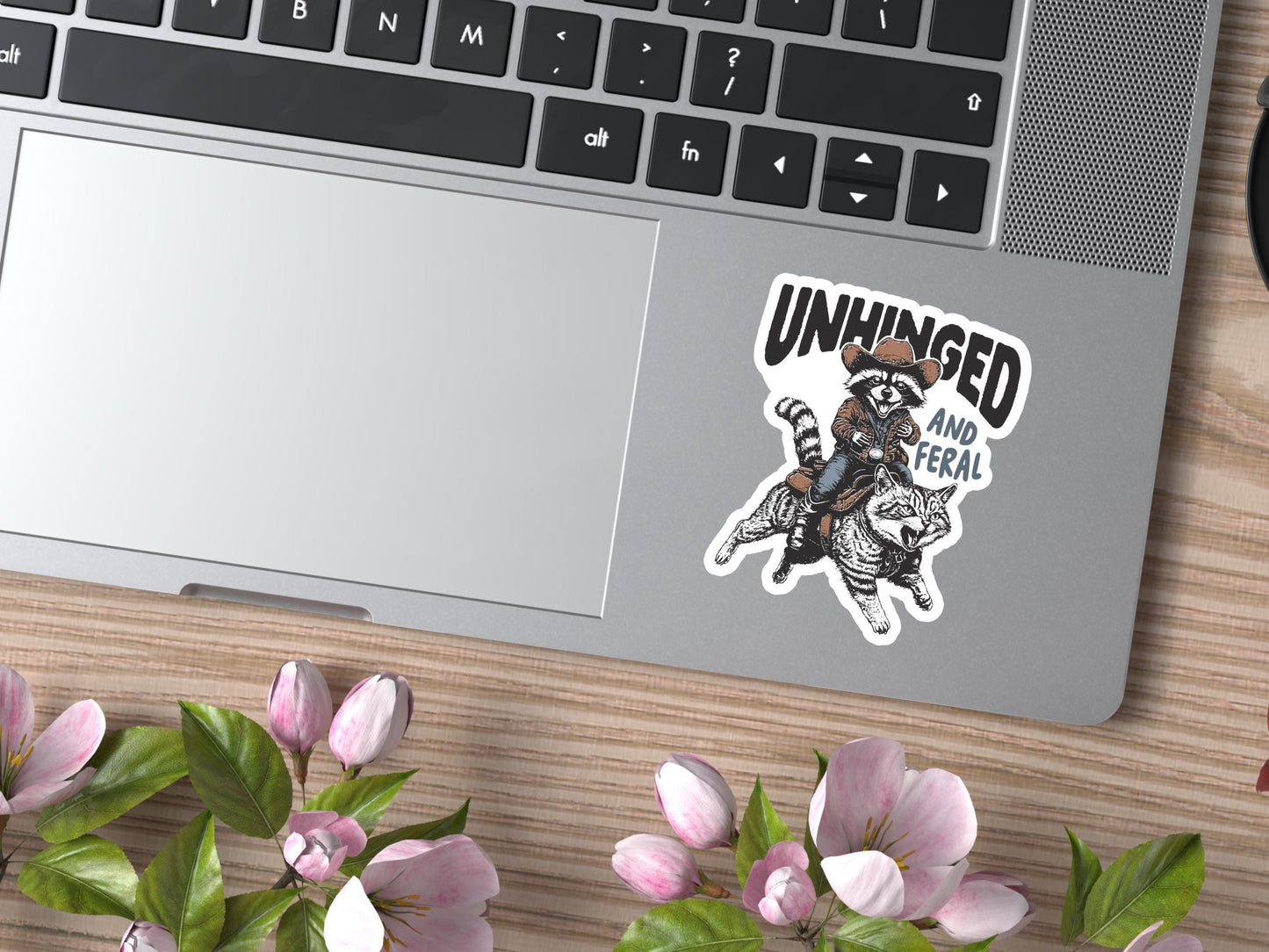 Unhinged and Feral Raccoon Riding Cat Sticker