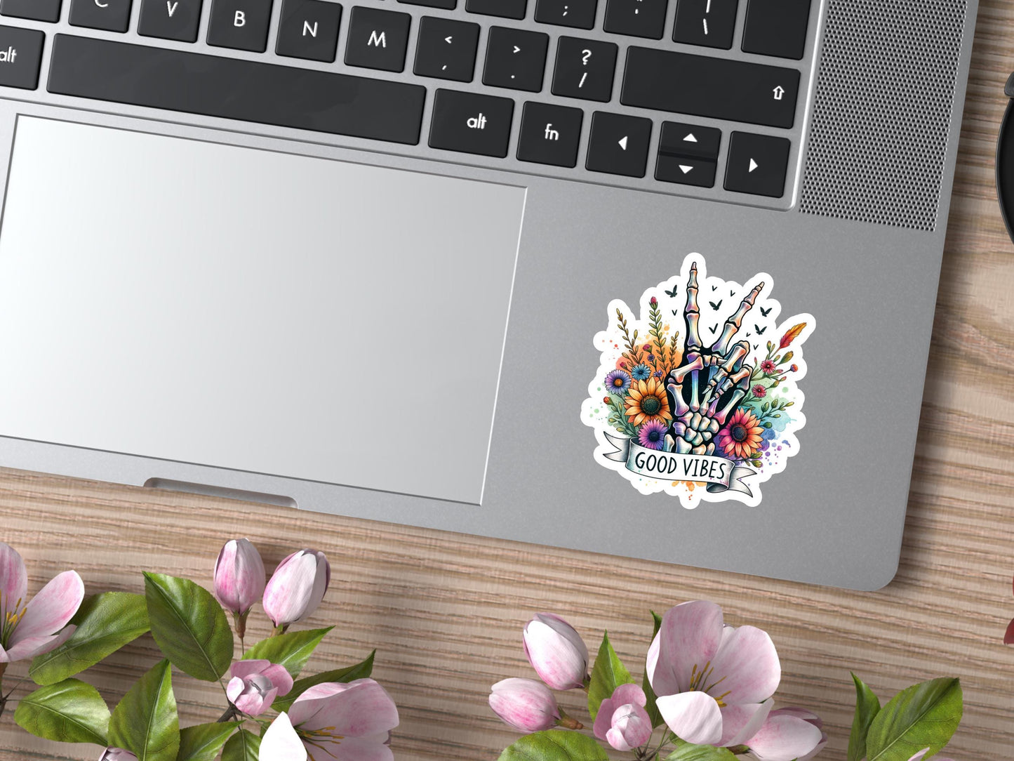 Good Vibes Skeleton Hand With Flowers Sticker