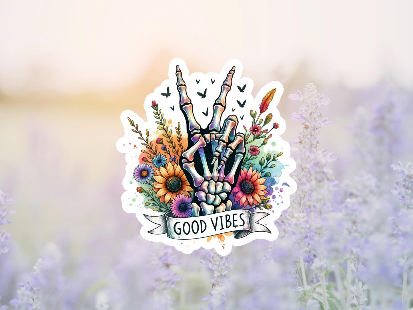 Good Vibes Skeleton Hand With Flowers Sticker