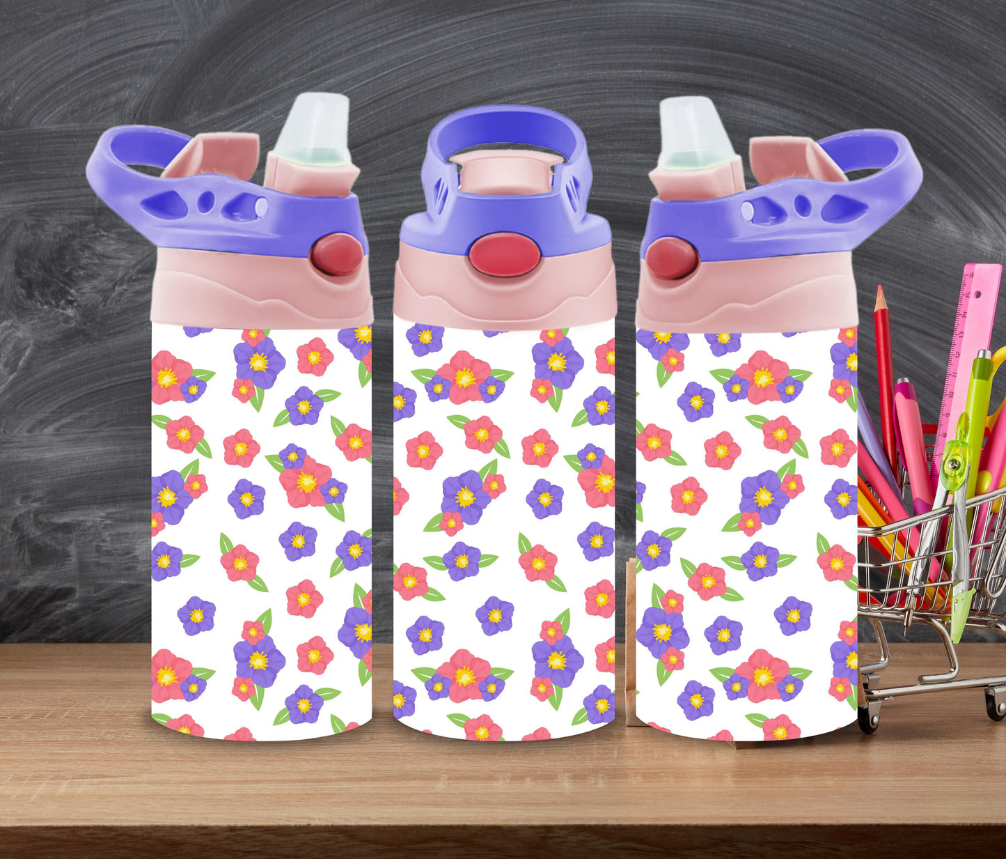Pink and Purple Flowers Kids Personalized 12oz Tumbler