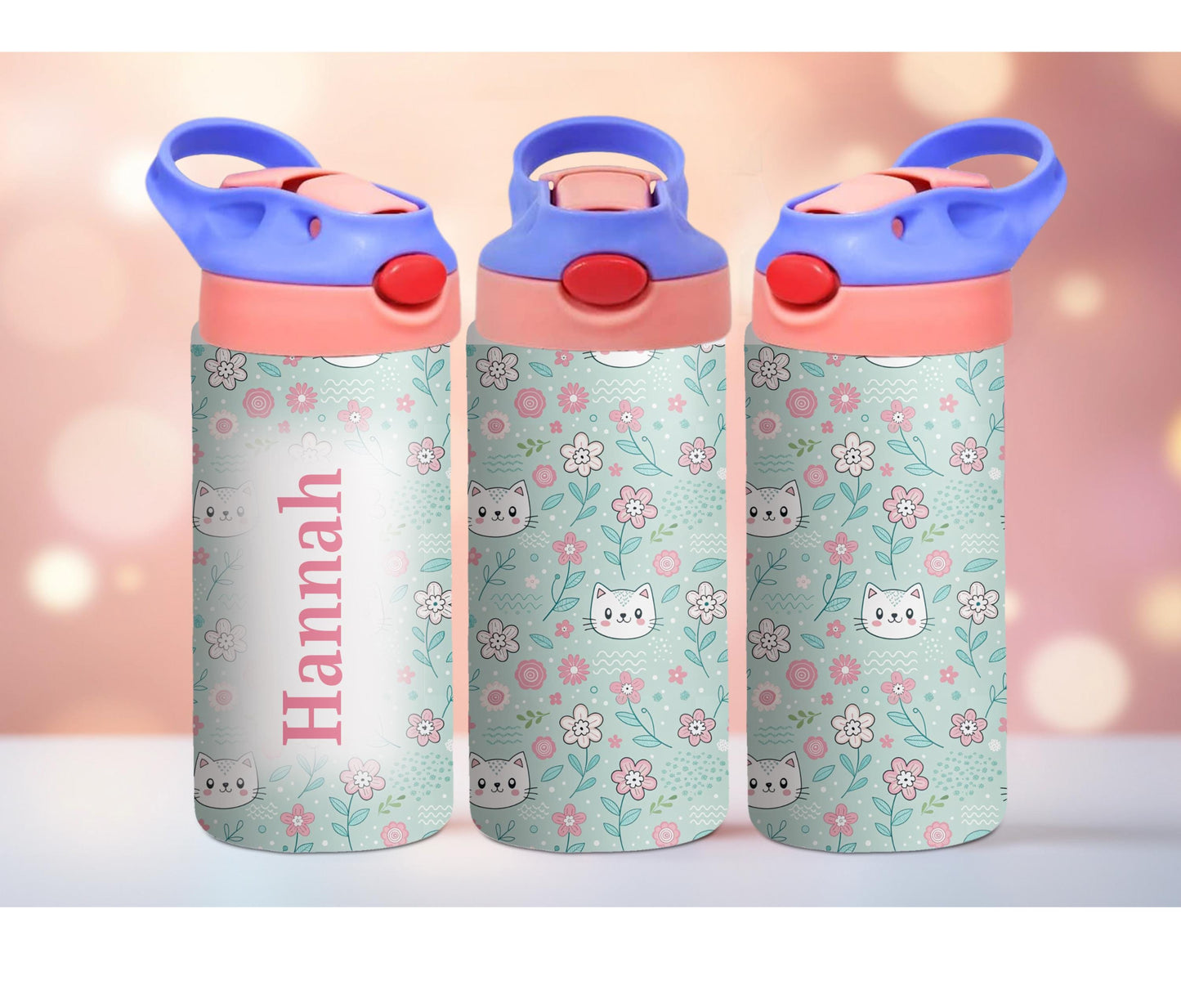 Green Kitty and Flower Kids Personalized 12oz Tumbler