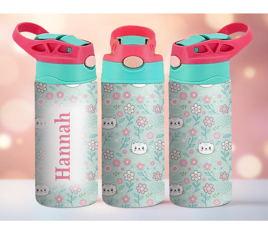 Green Kitty and Flower Kids Personalized 12oz Tumbler