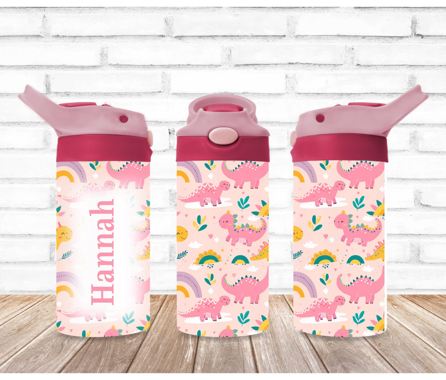 Pink Dinosaurs and Rainbows Kids Personalized 12oz Tumbler