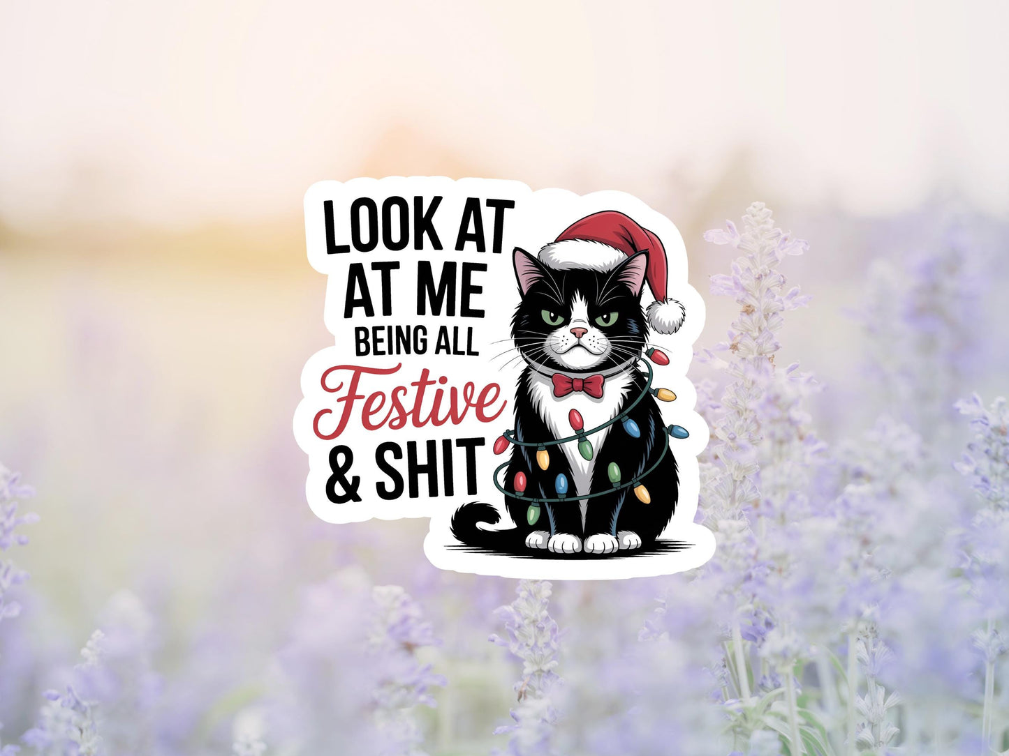 Look At Me Being All Festive And Shit Black Cat With Lights Sticker