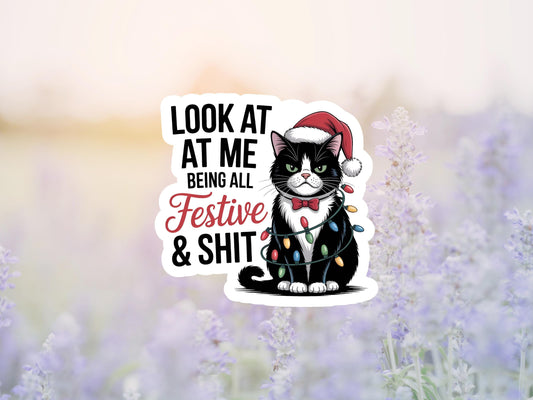Look At Me Being All Festive And Shit Black Cat With Lights Sticker