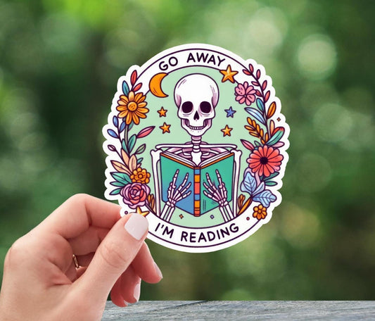 Go Away I'm Reading Skeleton Sticker