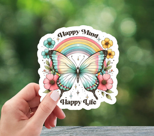 Happy Mind Happy Life Rainbow and Butterfly Sticker