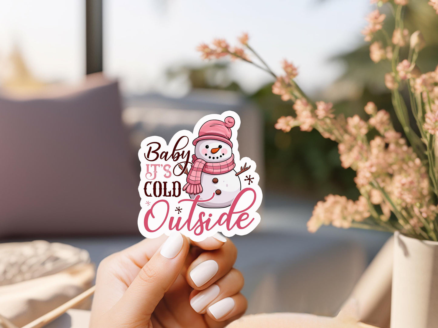Baby It's Cold Outside Pink Snowman Sticker