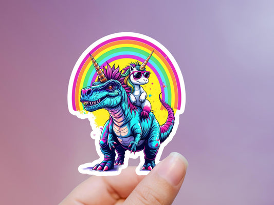 Rainbow Unicorn Riding Dinosaur Sticker