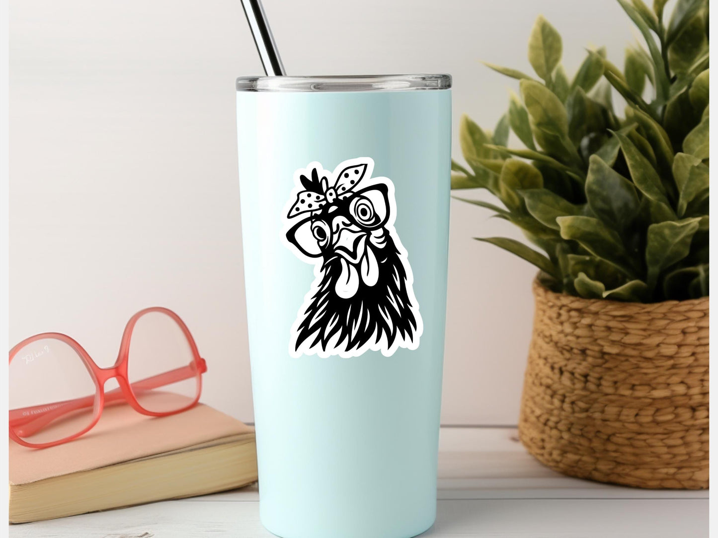 Black Outline Rooster With Glasses Sticker