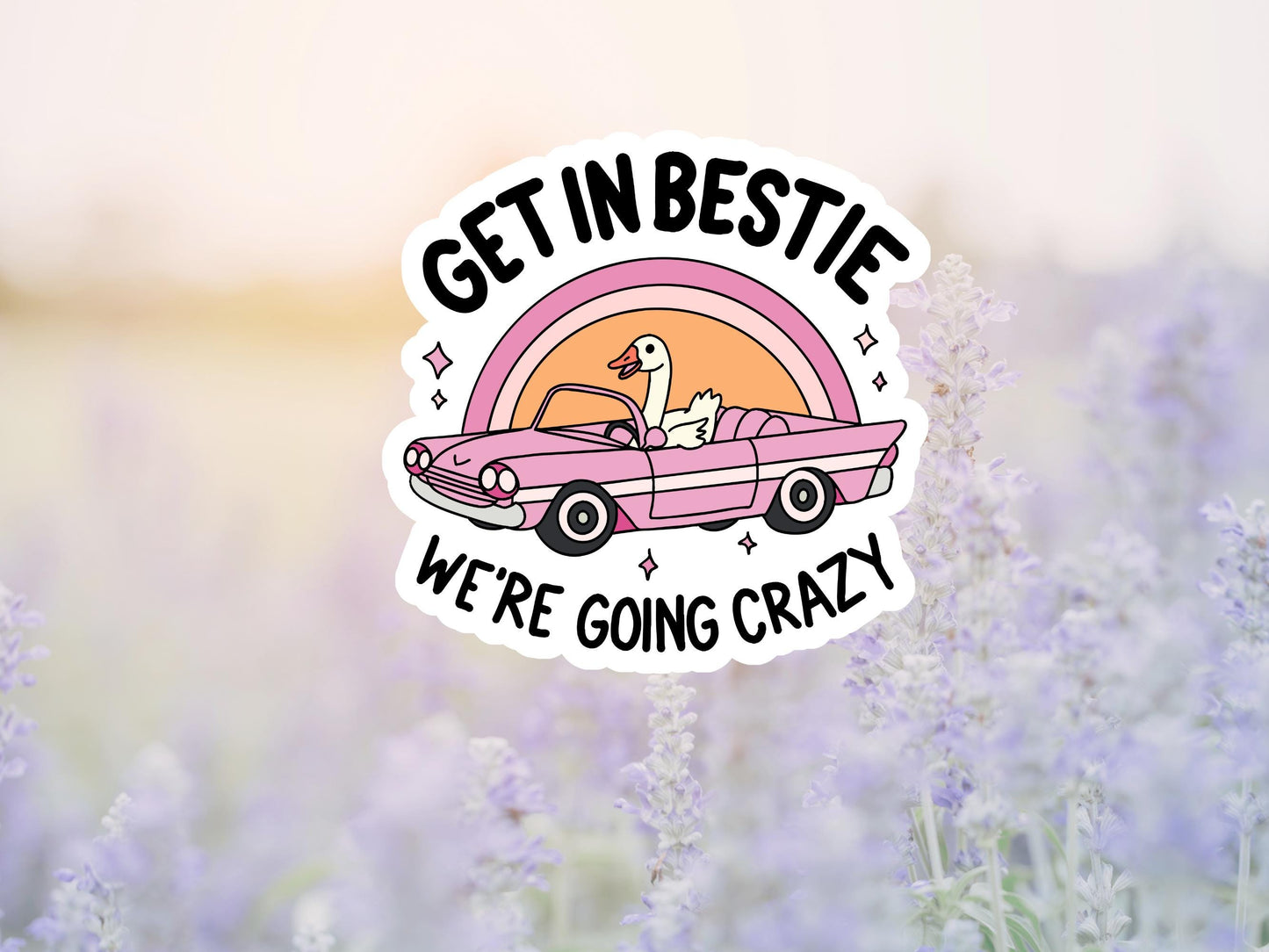 Get In Bestie We're Going Crazy Duck and Pink Car Sticker