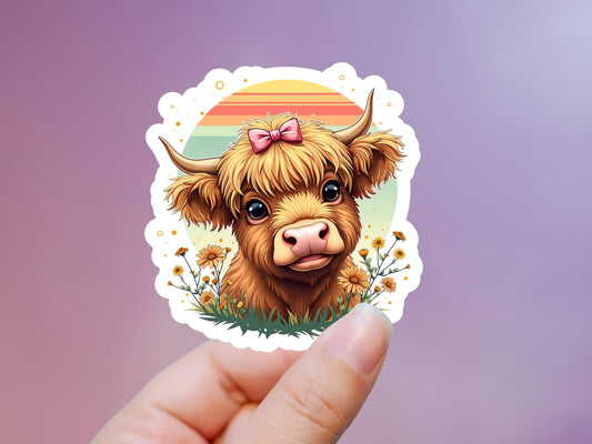 Retro Sunset Highland Cow Sticker