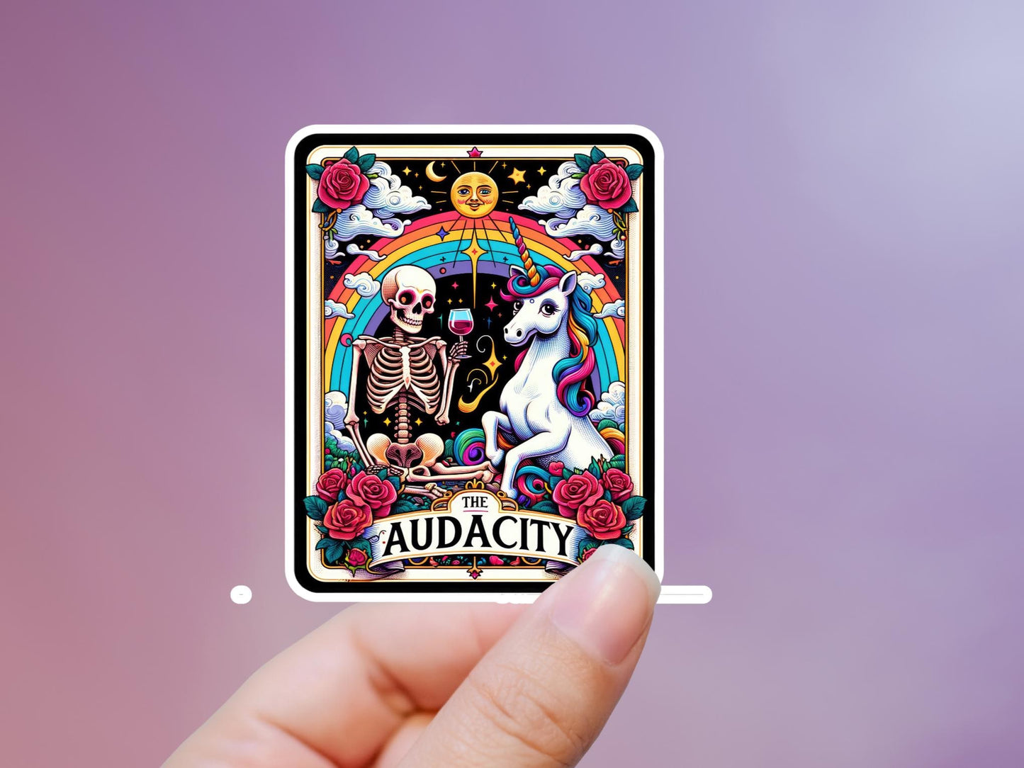The Audacity Skeleton and Unicorn Tarot Card Sticker