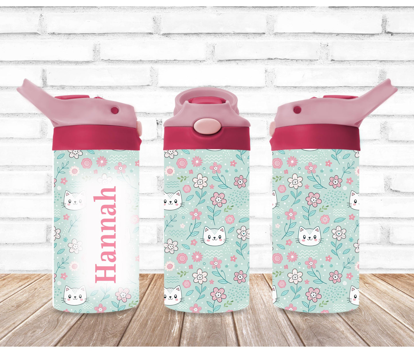 Green Kitty and Flower Kids Personalized 12oz Tumbler