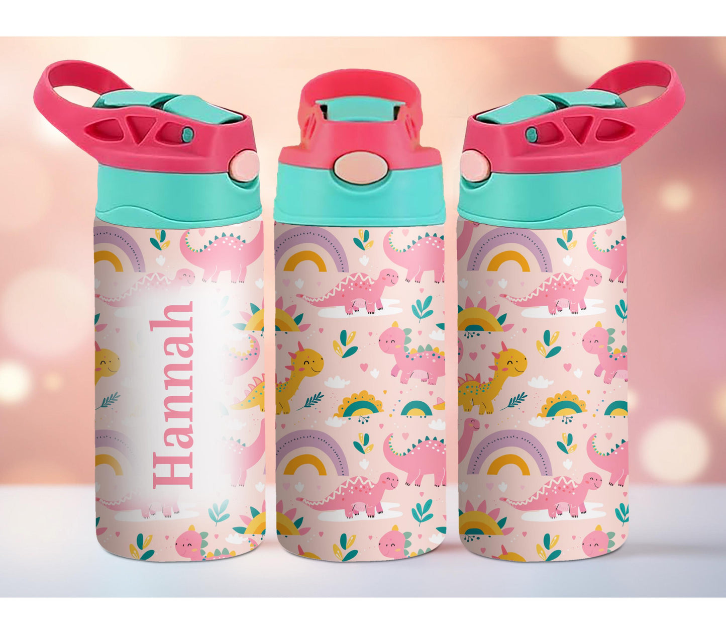 Pink Dinosaurs and Rainbows Kids Personalized 12oz Tumbler