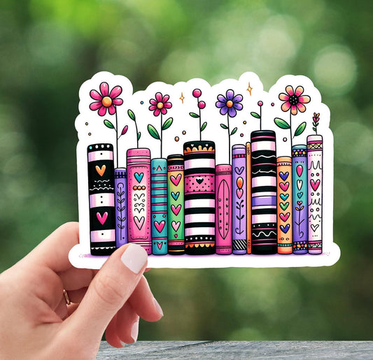 Stacked Books and Flowers Sticker